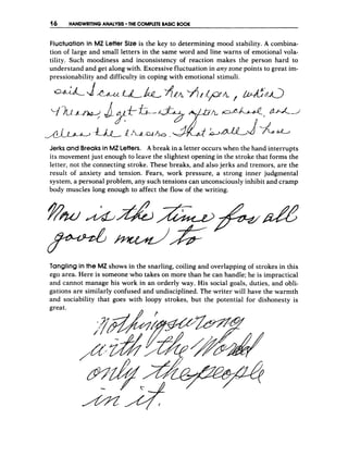 16 HANDWRITINGANALYSIS THE COMPLETEBASIC BOOK
Fluctuation in MZ Letter Size is the key to determining mood stability. A combina-
tion of large and small letters in the same word and line warns of emotional vola-
tility. Such moodiness and inconsistency of reaction makes the person hard to
understand and get along with. Excessive fluctuation in any zone points to great im-
pressionability and difficulty in coping with emotional stimuli.
Jerksand Breaksin MZ Letters. A break in a letter occurs when the hand interrupts
its movement just enough to leave the slightest opening in the stroke that forms the
letter, not the connecting stroke. These breaks, and also jerks and tremors, are the
result of anxiety and tension. Fears, work pressure, a strong inner judgmental
system, a personal problem, any such tensions can unconsciously inhibit and cramp
body muscles long enough to affect the flow of the writing.
Tangling in the MZ shows in the snarling, coiling and overlapping of strokes in this
ego area. Here is someone who takes on more than he can handle; he is impractical
and cannot manage his work in an orderly way. His social goals, duties, and obli-
gations are similarly confused and undisciplined. The writer will have the warmth
and sociability that goes with loopy strokes, but the potential for dishonesty is
great.
 