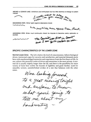 ZONES: THE VERTICAL DIMENSION O
F MOVEMENT 19
ARCHED or CONVEX LINES: Ambitions and enthusiasm but too little stamina or energy to sustain
interest.
V‘
DESCENDINGSTEPS: Writer fights against depressive mood.
-
-

-

ASCENDING STEPS: Writer must continually check his impulse to become overly optimistic or
excited.
SPECIFIC CHARACTERISTICS OF THE LOWER ZONE
Normal Lower Zone. The LZ is below the level of consciousness. Inborn biological
drives, instinctual urges for security and satisfaction, and material demands jostle
here with unacknowledged memories and experiences from the first hours of life. In
our culture this powerful realm of drives and sensations is the most private. A nor-
mal LZ is usually slightly longer than the UZ,and there is the possibility for more
variety of form here within the bounds of legibility and good rhythm. Look for
smoothly written, unembellished strokes of a size that balances with the other
zones.
 