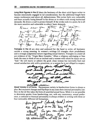 22 HANDWRITINGANALYSIS THE COMPLETEBASIC BOOK
Long Stick Figures in the U share the hesitancy of the short stick figure writer to
become emotionally engaged in LZ considerations, but the additional length here
means restlessness and above all, defensiveness.This writer feels very vulnerable
and fears actually losing himself to his drives or to others with strong instinctual
demands. He draws a wall to protect himself. If the stroke ends in a point, he is all
the more sensitive and vulnerable to others’ basic demands.
Triangles in the E are slow and awkward for the hand to write; all hesitancy
carries a strong meaning. In women’s writings 1.Z triangles show prudishness
and a strongly judgmental nature regarding sexual matters. Triangles in a male LZ
are evidence of the “Virgin Mary Complex.’’Often a religious upbringing or bias
leads the man to think of sex as unclean and a woman with whom he enjoys sex as
“bad.” He will marry or admire the good, clean woman but inevitably find real
sexual satisfaction only with a prostitute, or a woman he is not obliged to respect.
d
-
.
Great Variety in LZ Forms. Harmonious variety in handwritten forms is always a
plus. But excessivechanges and flip-flopsin any zone show internal personality con-
flict; in the LZ this takes the form of unsettled sexual focus. While it is not possible
to determine gender from handwriting, nor, with any consistency, sexual prefer-
ence, a confused or bisexual personality is always evident in writing with three or
four noticeably different LZ formations.
 