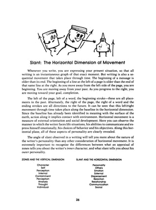 Slant: The Horizontal Dimension of Movement
Whenever you write, you are expressing your present situation, so that all
writing is an instantaneous graph of that exact moment. But writing is also a se-
quential movement that takes place through time. The beginning of a message is
older than its end. The beginning of a line at the left of a page is older than the end of
that same line at the right. As you move away from the left side of the page, you are
beginning. You are moving away from your past. As you progress to the right, you
are moving toward your goal, completion.
The left of the page, left of a word, the beginning stroke-these are all place-
ments in the past. Alternately, the right of the page, the right of a word and the
ending strokes are all directions to the future. It can be seen that this leftlright
movement through time takes place along the baseline in the horizontal dimension.
Since the baseline has already been identified in meaning with the surface of the
earth, action along it implies contact with environment. Horizontal movement is a
measure of external orientation and social development. Here you can observe the
manner in which the writer faces life situations, his abilities to communicate and ex-
press himself emotionally, his choices of behavior and his objectives. Along this hor-
izontal plane, all of these aspects of personality are clearly revealed.
The angle of slant observed in a writing will tell you more about the nature of
the writer’s personality than any other consideration of horizontal movement. It is
extremely important to recognize the differences between what an appraisal of
zones tells you about the writer’s inner character, and what slant tells you about his
outer personality.
ZONES AND THE VERTICAL DIMENSION SLANT AND THE HORIZONTAL DIMENSION
Character
Self
Perception
Internal
Containment
Perception
Analysis
Thought
Individual
PersonaIity
Others
Emotion
External
Dispersement
Reaction
Relationship
Communication
Social
26
 