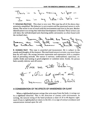 SLANT: THE HORIZONTALDIMENSION OF MOVEMENT 31
7. Extremely Reclined. This slant is very rare. This type has all of the above char-
acteristics amplified. The behavior is very evasive and the emotional nature is with-
drawn. The writer is out of touch with his environment and lives in the past. Mother
identification is so strong that individual development is blocked. These writers can
still show the well-developed and charming public personality so often found with
the reclined slant.
8. Unstable Slant. This type is unsettled and inconsistent. He is subject to the
moods and thoughts of the moment. The emotional nature is erratic; you never know
how he will react. He swings between repression and expression with a complete
lack of prevailing attitude. The nature is nervous, undisciplined, capricious, ex-
citable, fickle and lacking in good judgment or common sense. Inside, the person
feels socially inferior and off-center.
6
A CONSIDERATION O
F THE EFFECTS OF HANDEDNESSON SLANT
When a righthanded person swings that arm away from the body, it swings out
in a righthand direction. This is the direction of contact with environment. In
writing, the natural swing of the hand produces a slant of 35 to 40 degrees right-
ward. If one is righthanded yet slants to the left, it is a sign of contact avoidance and
concentration instead upon the self.
 