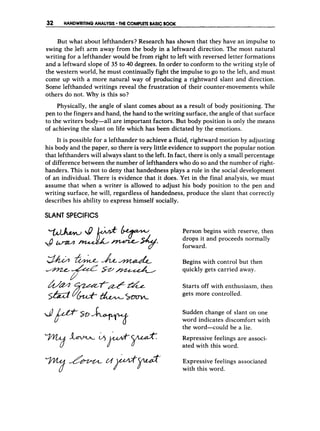 32 HANDWRITINGANALYSIS THE COMPLETEBASIC 600%
But what about lefthanders? Research has shown that they have an impulse to
swing the left arm away from the body in a leftward direction. The most natural
writing for a lefthander would be from right to left with reversed letter formations
and a leftward slope of 35 to 40 degrees. In order to conform to the writing style of
the western world, he must continually fight the impulse to go to the left, and must
come up with a more natural way of producing a rightward slant and direction.
Sope lefthanded writings reveal the frustration of their counter-movements while
others do not. Why is this so?
Physically, the angle of slant comes about as a result of body positioning. The
pen to the fingers and hand, the hand to the writing surface, the angle of that surface
to the writers body-all are important factors. But body position is only the means
of achieving the slant on life which has been dictated by the emotions.
It is possible for a lefthander to achieve a fluid, rightward motion by adjusting
his body and the paper, so there is very little evidence to support the popular notion
that lefthanders will always slant to the left. In fact, there is only a small percentage
of difference between the number of lefthanders who do so and the number of right-
handers. This is not to deny that handedness plays a role in the social development
of an individual. There is evidence that it does. Yet in the final analysis, we must
assume that when a writer is allowed to adjust his body position to the pen and
writing surface, he will, regardless of handedness, produce the slant that correctly
describes his ability to express himself socially.
SLANT SPECIFICS
Person begins with reserve, then
drops it and proceeds normally
forward.
Begins with control but then
quickly gets carried away.
Starts off with enthusiasm, then
gets more controlled.
Sudden change of slant on one
word indicates discomfort with
the word-could be a lie.
Repressive feelings are associ-
ated with this word.
Expressive feelings associated
with this word.
 