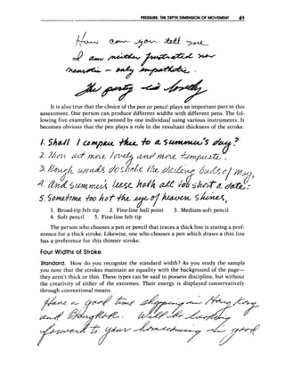 P
R
E
S
S
U
R
E
: THE DEPTH DIMENSION O
F MOVEMENT 41
-
fie”+
It is also true that the choice of the pen or penci! plays an important part in this
assessment. One person can produce different widths with different pens. The fol-
lowing five examples were penned by one individual using various instruments. It
becomes obvious that the pen plays a role in the resultant thickness of the stroke.
The person who chooses a pen or pencil that traces a thick line is stating a pref-
erence for a thick stroke. Likewise, one who chooses a pen which draws a thin line
has a preference for this thinner stroke.
Four Widths of Stroke
Standard. How do you recognize the standard width? As you study the sample
you note that the strokes maintain an equality with the background of the page-
they aren’t thick or thin. These types can be said to possess discipline, but without
the creativity of either of the extremes. Their energy is displayed conservatively
through conventional means.
 