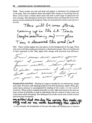 42 HANDWRITINGANALYSIS THECOMPLETE
BASIC BOOK
Thick. These strokes are soft and dark and appear to dominate the background
of the page. They are made by those who apply their energy to everything they do.
These writers have a vitality about them and seek a wide range of application for
their energies. They become so involved in whatever they are doing that future obli-
gations can be momentarily forgotten. They are sentimental in nature and express it
warmly.
Thin. These strokes appear dry and sparse on the background of the page. Those
who write with thin strokes are attentive to detail and concept. They are intellectual
in their approach to life. They apply their energy with precision and efficiency.
&/AA /A-
4 r
b-
G & / J :
?
Shaded (Thick andThin). Writing on a page is marked by two dimensions, height
and width. Pressure with shading produces the third dimension, depth. When gen-
erally heavy pressure is accompanied by shading of the stroke, it is the mark of
creativity. These writers respond sensually to color, light and sound in the environ-
ment. Artists of all kinds, as well as individuals who are creative in their work, are
to be found within this group. The shading of the stroke can be seen in both vertical
and horizontal movement.
In this example, the broad-point of the pen nib makes theshading easy to observe.
 