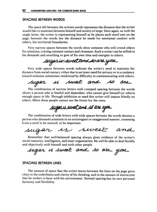 52 HANDWRITINGANALYSIS THE COMPLETE BASICBOOK
SPACING BETWEEN WORDS
The space left between the written words represents the distance that the writer
would like to maintain between himself and society at large. Once again, as with the
single letter, the writer is representing himself as he places each word unit on the
page; between the words lies the distance he needs for emotional comfort with
others, his territorial boundaries.
Very narrow spaces between the words show someone who will crowd others
for attention, craving constant contact and closeness. Such a writer can be selfish in
his demands and unwilling to give of his own time and energies to others.
Very wide spaces between words indicate the writer’s need to maintain his
distance from social contact, either due to an inner need for privacy or to a tendency
toward isolation sometimes reinforced by difficulty in communicating with others.
The combination of narrow letters with cramped spacing between the words
shows a person who is fearful and dependent, who cannot give himself (or others)
enough space in life. Through inhibition or need this writer will impose blindly on
others. Often these people cannot see the forest for the trees.
The combination of wide letters with wide spaces between the words denotes a
person who demands attention in an extravagant or exaggerated manner, stemming
from a need to be noticed, to be important.
0 e L 0 / U 4 = 4 = -
Remember that well-balanced spacing always gives evidence o
f the writer’s
social maturity, intelligence, and inner organization. He will be able to deal flexibly
and objectively with himself and with other people.
a A
& -A
0
SPACING BETWEEN LINES
The amount of space that the writer leaves between the lines on the page gives
clues to the orderliness and clarity of his thinking, and to the amount of interaction
that he wishes to have with his environment. Normal spacing has its own personal
harmony and flexibility.
 