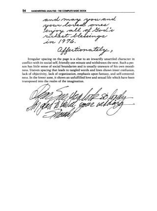54 HANDWRITING ANALYSIS THE COMPLETE BASIC BOOK
3
Irregular spacing on the page is a clue to an inwardly unsettled character in
conflict with its social self, friendly one minute and withdrawn the next. Such a per
son has little sense of social boundaries and is usually unaware of his own moodi-
ness. Uneven spacing that leads to tangled words and lines shows inner confusion,
lack of objectivity, lack of organization, emphasis upon fantasy, and self-centered-
ness. In the lower zone, it shows an unfulfilled love and sexual life which have been
transposed into the realm of the imagination.
 