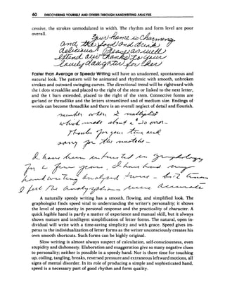 46 DISCOVERINGYOURSELF AND OTHERSTHROUGHHANDWRITINGANALYSIS
-
- -
-
cessive, the strokes unrnodulated in width. The rhythm and form level are poor
overall.
Faster than Average or Speedy Writing will have an unadorned, spontaneous and
natural look.The pattern will be animated and rhythmic with smooth, unbroken
strokes and outward swinging curves. The directional trend will be rightward with
the i dots streaklike and placed to the right of the stem or linked to the next letter,
and the t bars extended, placed to the right of the stem. Connective forms are
garland or threadlike and the letters streamlined and of medium size. Endings of
words can become threadlike and there is an overall neglect of detail and flourish.
A naturally speedy writing has a smooth, flowing, and simplified look. The
graphologist finds speed vital to understanding the writer's personality; it shows
the level of spontaneity in personal response and the practicality of character. A
quick legible hand is partly a matter of experience and manual skill, but it always
shows mature and intelligent simplification of letter forms. The natural, open in-
dividual will write with a timesaving simplicity and with grace. Speed gives im-
petus to the individualization of letter forms as the writer unconsciously creates his
own smooth shortcuts. Such forms can be highly original.
Slow writing is almost always suspect of calculation, self-consciousness, even
stupidity and dishonesty. Elaboration and exaggeration give so many negative clues
to personality; neither is possible in a speedy hand. Nor is there time for touching
up, coiling, tangling, breaks, reversed pressure and extraneous leftward motions, all
signs of mental disorder. In its role of producing a simple and sophisticated hand,
speed is a necessary part of good rhythm and form quality.
 