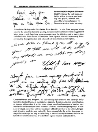 66 HANDWRITINGANALYSIS THE COMPLETEBASIC BOOK
Healthy Mature Rhythm and Form
Quality. Notice the well-balanced
height width, pressure, and spac-
ing. This poised, relaxed, and
smoothly written character re-
s
k
p ~ flects the writer’s inner harmony.
ABA; J???y
w - m ’Q
up”
Unrhythmic Writing with Poor Letter Form Quality. In the three samples below
observe the unstable slant and spacing, the combination of stunted and exaggerated
letter sizes, erratic baselines, uneven pressure and the disintegrated or overly-slow
and elaborated letter forms. All samples show signs of neurotic immaturity, inner
personality disorganization, and a lack of self-awareness and discipline.
Ornamentation and Neglect. As the writing style matures and develops away
from the standard forms it can take two opposite directions, toward simplification
or toward elaboration. A writer who values speed and economy of motion may
streamline the letter form to its essential skeleton, a time-saving simplicity. If rich-
ness is valued, the writer will unconsciously add extra strokes to the letters, for gar-
nish. Creative qualities are judged by how successfully the writer improves yet
simplifiesthe script. As long as the writing is natural and spontaneous, smooth, un-
forced and unselfconscious, it will exhibit a good rhythm and form level.
 