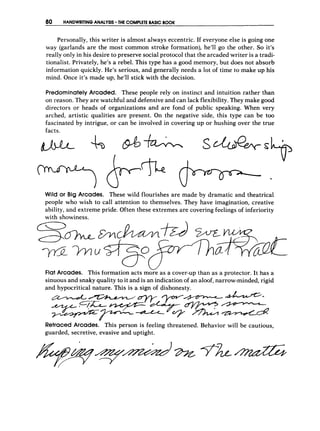 80 HANDWRITINGANALYSIS THE COMPLETE BASIC BOOK
Personally, this writer is almost always eccentric. If everyone else is going one
way (garlands are the most common stroke formation), he’ll go the other. So it’s
really only in his desire to preserve social protocol that the arcaded writer is a tradi-
tionalist. Privately, he’s a rebel. This type has a good memory, but does not absorb
information quickly. He’s serious, and generally needs a lot of time to make up his
mind. Once it’s made up, he’ll stick with the decision.
PredominatelyArcaded. These people rely on instinct and intuition rather than
on reason. They are watchful and defensive and can lack flexibility. They make good
directors or heads of organizations and are fond of public speaking. When very
arched, artistic qualities are present. On the negative side, this type can be too
fascinated by intrigue, or can be involved in covering up or hushing over the true
facts.
Wild or Big Arcades. These wild flourishes are made by dramatic and theatrical
people who wish to call attention to themselves. They have imagination, creative
ability, and extreme pride. Often these extremes are covering feelings of inferiority
with showiness.
Flat Arcades. This formation acts more as a cover-up than as a protector. It has a
sinuous and snaky quality to it and is an indication of an aloof, narrow-minded, rigid
and hypocritical nature. This is a sign of dishonesty.
-
Retraced Arcades. This person is feeling threatened. Behavior will be cautious,
guarded, secretive, evasive and uptight.
 