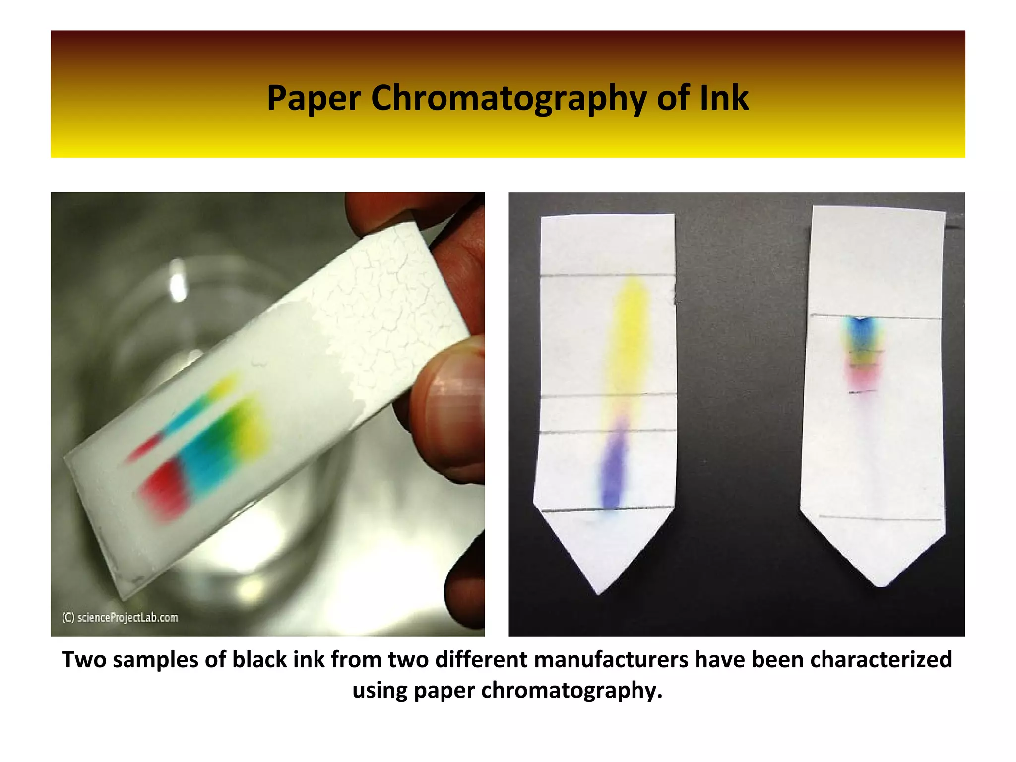 Paper Chromatography of Ink
Two samples of black ink from two different manufacturers have been characterized
using paper chromatography.
 