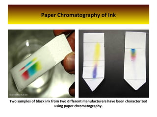 Paper Chromatography of Ink
Two samples of black ink from two different manufacturers have been characterized
using paper chromatography.
 