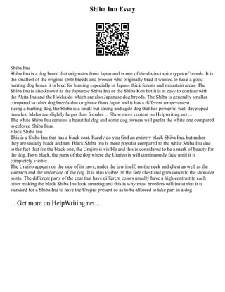 Shiba Inu Essay
Shiba Inu
Shiba Inu is a dog breed that originates from Japan and is one of the distinct spitz types of breeds. It is
the smallest of the original spitz breeds and breeder who originally bred it wanted to have a good
hunting dog hence it is bred for hunting especially in Japans thick forests and mountain areas. The
Shiba Inu is also known as the Japanese Shiba Inu or the Shiba Ken but it is at easy to confuse with
the Akita Inu and the Hokkaido which are also Japanese dog breeds. The Shiba is generally smaller
compared to other dog breeds that originate from Japan and it has a different temperament.
Being a hunting dog, the Shiba is a small but strong and agile dog that has powerful well developed
muscles. Males are slightly larger than females ... Show more content on Helpwriting.net ...
The white Shiba Inu remains a beautiful dog and some dog owners will prefer the white one compared
to colored Shiba Inus.
Black Shiba Inu
This is a Shiba Inu that has a black coat. Rarely do you find an entirely black Shiba Inu, but rather
they are usually black and tan. Black Shiba Inu is more popular compared to the white Shiba Inu due
to the fact that for the black one, the Urajiro is visible and this is considered to be a mark of beauty for
the dog. Born black, the parts of the dog where the Urajiro is will continuously fade until it is
completely visible.
The Urajiro appears on the side of its jaws, under the jaw itself, on the neck and chest as well as the
stomach and the underside of the dog. It is also visible on the fore chest and goes down to the shoulder
joints. The different parts of the coat that have different colors usually have a high contrast to each
other making the black Shiba Inu look amazing and this is why most breeders will insist that it is
standard for a Shiba Inu to have the Urajiro present so as to be allowed to take part in a dog
... Get more on HelpWriting.net ...
 
