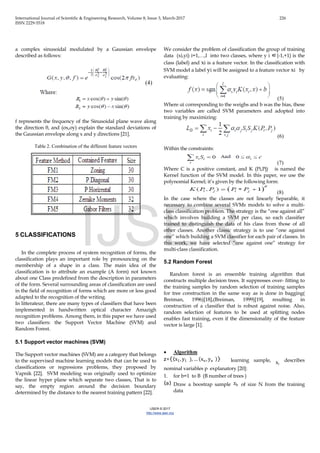 International Journal of Scientific & Engineering Research, Volume 8, Issue 3, March-2017 226
ISSN 2229-5518
IJSER © 2017
http://www.ijser.org
a complex sinusoidal modulated by a Gaussian envelope
described as follows:
(4)
f represents the frequency of the Sinusoidal plane wave along
the direction θ, and (σx,σy) explain the standard deviations of
the Gaussian envelope along x and y directions [21].
Table 2. Combination of the different feature vectors
5 CLASSIFICATIONS
In the complete process of system recognition of forms, the
classification plays an important role by pronouncing on the
membership of a shape in a class. The main idea of the
classification is to attribute an example (A form) not known
about one Class predefined from the description in parameters
of the form. Several surrounding areas of classification are used
in the field of recognition of forms which are more or less good
adapted to the recognition of the writing.
In litterateur, there are many types of classifiers that have been
implemented in handwritten optical character Amazigh
recognition problems. Among them, in this paper we have used
two classifiers: the Support Vector Machine (SVM) and
Random Forest.
5.1 Support vector machines (SVM)
The Support vector machines (SVM) are a category that belongs
to the supervised machine learning models that can be used to
classifications or regressions problems, they proposed by
Vapnik [22]. SVM modeling was originally used to optimize
the linear hyper plane which separate two classes, That is to
say, the empty region around the decision boundary
determined by the distance to the nearest training pattern [22].
We consider the problem of classification the group of training
data (xi,yi) i=1,…,l into two classes, where y i ∈{-1,+1} is the
class (label) and xi is a feature vector. In the classification with
SVM model a label yi will be assigned to a feature vector xi by
evaluating:
(5)
Where αi corresponding to the weighs and b was the bias, these
two variables are called SVM parameters and adopted into
training by maximizing:
(6)
Within the constraints:
(7)
Where C is a positive constant, and K (Pi,Pj) is named the
Kernel function of the SVM model. In this paper, we use the
polynomial Kernel; it’s given by the following form:
(8)
In the case where the classes are not linearly Separable, it
necessary to combine several SVMs models to solve a multi-
class classification problem. The strategy is the “one against all”
which involves building a SVM per class, so each classifier
trained to distinguish the data of his class from those of all
other classes. Another classic strategy is to use “one against
one” which building a SVM classifier for each pair of classes. In
this work, we have selected “one against one” strategy for
multi-class classification.
5.2 Random Forest
Random forest is an ensemble training algorithm that
constructs multiple decision trees. It suppresses over- fitting to
the training samples by random selection of training samples
for tree construction in the same way as is done in bagging(
Breiman, 1996)[18],(Breiman, 1999)[19], resulting in
construction of a classifier that is robust against noise. Also,
random selection of features to be used at splitting nodes
enables fast training, even if the dimensionality of the feature
vector is large [1].
• Algorithm
z={(x1, y1 ), … (xn, yn )} learning sample, xi
describes
nominal variables p explanatory [20]:
1. for b=1 to B (B number of trees )
(a) Draw a boostrap sample zb of size N from the training
data
IJSER
 