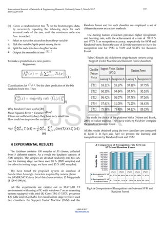 International Journal of Scientific & Engineering Research, Volume 8, Issue 3, March-2017 227
ISSN 2229-5518
IJSER © 2017
http://www.ijser.org
(b) Grow a random-forest tree Tb to the bootstrapped data,
by recursively repeating the following steps for each
terminal node of the tree, until the minimum node size
nmin is reached.
i. Select m variables at random from the p variable
ii. Pick the variable/split-point among the m
iii. Split the node into two daughter nodes
2. Output the ensemble of tree
To make a prediction at a new point x:
Regression:
(4)
Classification: let be the class prediction of the bth
random-forest tree. Then
(5)
Why Random Forest works [20]
Mean Squared Error = Variance +Bias2
If trees are sufficiently deep, they have very small bias
How could we improve the variance?
var (
1
B
∑ 𝑇𝑇𝑖𝑖(𝑐𝑐)𝐵𝐵
𝑖𝑖=1 ) =
1
𝐵𝐵2
∑ � 𝐶𝐶𝐶𝐶𝐶𝐶(𝑇𝑇𝑖𝑖(𝑥𝑥),
𝐵𝐵
𝑗𝑗=1
𝐵𝐵
𝑖𝑖=1 𝑇𝑇𝑗𝑗 (𝑥𝑥))
(6)
6 EXPERIMENTAL RESULTS
The database contains 100 samples of 33 classes, collected
from 5 different writers. As a result the database consists of
3300 samples. The samples are divided randomly into two set,
one for training stage, we have used 85 % (2805 samples) and
the other for testing stage, we have used 15 % (495 samples).
We have tested the proposed system on database of
handwritten Amazigh characters acquired by camera phone
the SAMSUNG Galaxy S4 of this characteristics; 13 Megapixels
(4 128×3 096 px).
All the experiments are carried out in MATLAB 7.9
environment with using a PC with windows 7 as an operating
system equipped with Intel (R) Core (TM) i7-3337U processor
1.80 GHz and 4 Go RAM. For classification stage we have used
two classifiers: the Support Vector Machine (SVM) and the
Random Forest and for each classifier we employed a set of
different features extraction methods.
The Zoning feature extraction provides higher recognition
and learning rate, with the achievement of a rate of 93.17 %
and 97.75 % as recognition accuracy, respectively for SVM and
Random Forest. But in the case of Zernike moment we have the
recognition rate for SVM is 51.09 and 56.43% for Random
Forest.
Table.3 Results (1) of different single feature vectors using
Support Vector Machine and Random Forest classifiers
We made the choice of the platform Weka (Witten and Frank,
2005) to realize training. They have work by SVM for compare
the results of random forest .
All the results obtained using the two classifiers are compared
in Table 3. In fig.4 and fig.5 we present the learning and
recognition rate by Random Forest and SVM
Fig.4.A Comparison of Recognition rate between SVM and
Random Forest
IJSER
 