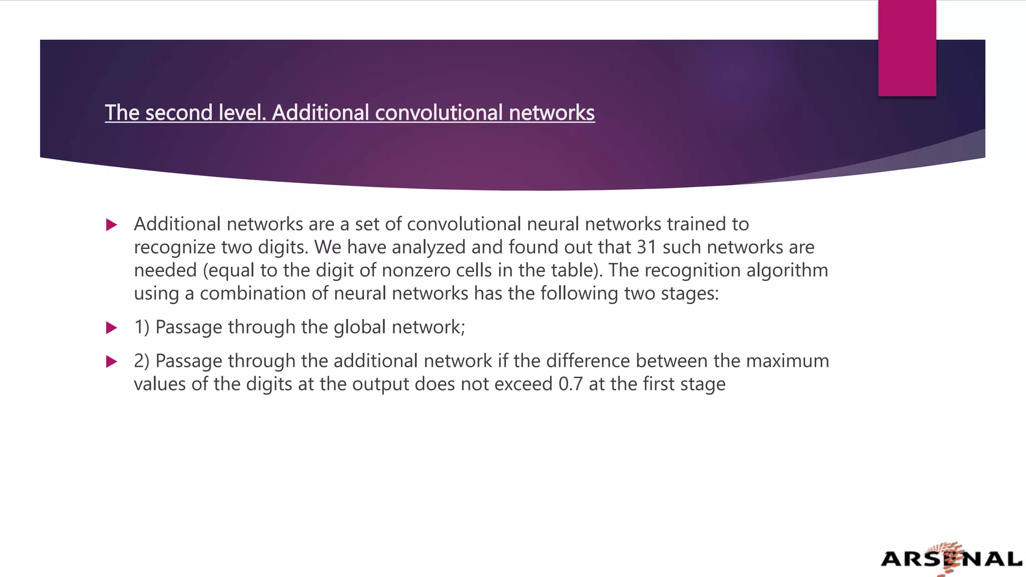 The second level. Additional convolutional networks
 Additional networks are a set of convolutional neural networks trained to
recognize two digits. We have analyzed and found out that 31 such networks are
needed (equal to the digit of nonzero cells in the table). The recognition algorithm
using a combination of neural networks has the following two stages:
 1) Passage through the global network;
 2) Passage through the additional network if the difference between the maximum
values of the digits at the output does not exceed 0.7 at the first stage
 