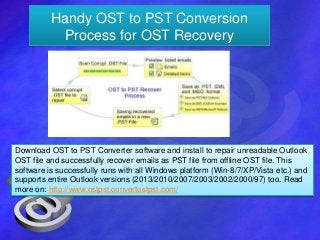 Handy OST to PST Conversion 
Process for OST Recovery 
Download OST to PST Converter software and install to repair unreadable Outlook 
OST file and successfully recover emails as PST file from offline OST file. This 
software is successfully runs with all Windows platform (Win-8/7/XP/Vista etc.) and 
supports entire Outlook versions (2013/2010/2007/2003/2002/2000/97) too. Read 
more on: http://www.ostpst.convertostpst.com/ 
 