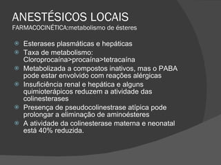 ANESTÉSICOS LOCAIS FARMACOCINÉTICA:metabolismo de ésteres Esterases plasmáticas e hepáticas Taxa de metabolismo: Cloroprocaína>procaína>tetracaína Metabolizada a compostos inativos, mas o PABA pode estar envolvido com reações alérgicas Insuficiência renal e hepática e alguns quimioterápicos reduzem a atividade das colinesterases Presença de pseudocolinestrase atípica pode prolongar a eliminação de aminoésteres A atividade da colinesterase materna e neonatal está 40% reduzida. 