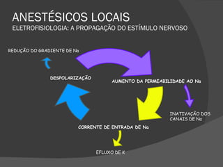 ANESTÉSICOS LOCAIS ELETROFISIOLOGIA: A PROPAGAÇÃO DO ESTÍMULO NERVOSO REDUÇÃO DO GRADIENTE DE Na INATIVAÇÃO DOS CANAIS DE Na EFLUXO DE K AUMENTO DA PERMEABILIDADE AO Na CORRENTE DE ENTRADA DE Na DESPOLARIZAÇÃO 