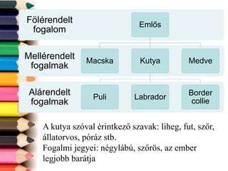Alárendelt
fogalmak
Mellérendelt
fogalmak
Fölérendelt
fogalom
Emlős
Macska Kutya
Puli Labrador
Border
collie
Medve
A kutya szóval érintkező szavak: liheg, fut, szőr,
állatorvos, póráz stb.
Fogalmi jegyei: négylábú, szőrös, az ember
legjobb barátja
 
