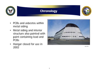 Chronology



• PCBs and asbestos within
  metal siding
• Metal siding and interior
  structure also painted with
  paint containing lead and
  PCBs
• Hangar closed for use in
  2002
                                     Navy Photo




                                5
 