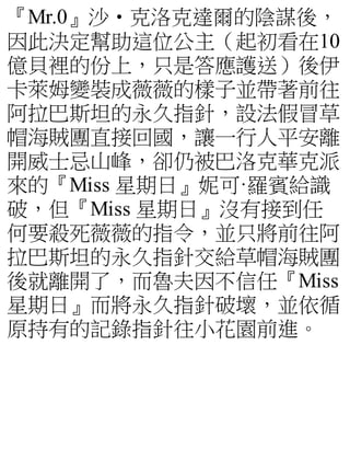 『Mr.0』沙‧克洛克達爾的陰謀後，
因此決定幫助這位公主（起初看在10
億貝裡的份上，只是答應護送）後伊
卡萊姆變裝成薇薇的樣子並帶著前往
阿拉巴斯坦的永久指針，設法假冒草
帽海賊團直接回國，讓一行人平安離
開威士忌山峰，卻仍被巴洛克華克派
來的『Miss 星期日』妮可·羅賓給識
破，但『Miss 星期日』沒有接到任
何要殺死薇薇的指令，並只將前往阿
拉巴斯坦的永久指針交給草帽海賊團
後就離開了，而魯夫因不信任『Miss
星期日』而將永久指針破壞，並依循
原持有的記錄指針往小花園前進。
 