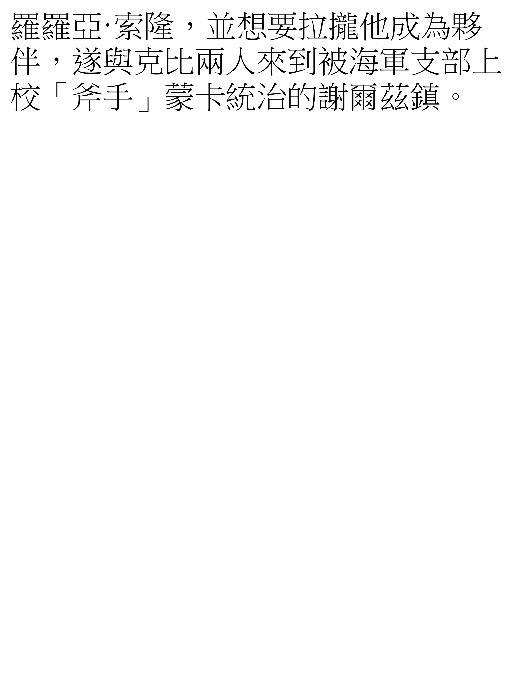 羅羅亞·索隆，並想要拉攏他成為夥
伴，遂與克比兩人來到被海軍支部上
校「斧手」蒙卡統治的謝爾茲鎮。
 