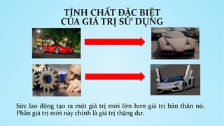 TÍNH CHẤT ĐẶC BIỆT 
CỦA GIÁ TRỊ SỬ DỤNG 
Sức lao động tạo ra một giá trị mới lớn hơn giá trị bản thân nó. 
Phần giá trị mới này chính là giá trị thặng dư. 
 