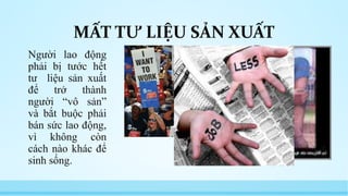 MẤT TƯ LIỆU SẢN XUẤT 
Người lao động 
phải bị tước hết 
tư liệu sản xuất 
để trở thành 
người “vô sản” 
và bắt buộc phải 
bán sức lao động, 
vì không còn 
cách nào khác để 
sinh sống. 
 