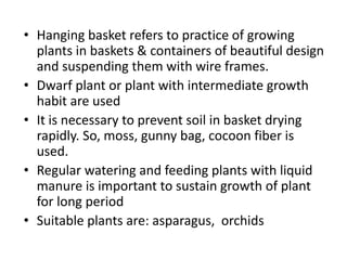 • Hanging basket refers to practice of growing
plants in baskets & containers of beautiful design
and suspending them with wire frames.
• Dwarf plant or plant with intermediate growth
habit are used
• It is necessary to prevent soil in basket drying
rapidly. So, moss, gunny bag, cocoon fiber is
used.
• Regular watering and feeding plants with liquid
manure is important to sustain growth of plant
for long period
• Suitable plants are: asparagus, orchids
 