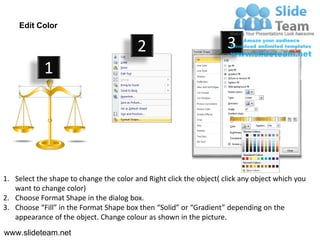 Edit Color

                                         2                           3
            1




1. Select the shape to change the color and Right click the object( click any object which you
   want to change color)
2. Choose Format Shape in the dialog box.
3. Choose “Fill” in the Format Shape box then “Solid” or “Gradient” depending on the
   appearance of the object. Change colour as shown in the picture.
www.slideteam.net
 