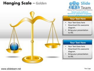 Hanging Scale – Golden


                               Your Text Here
                          •   Your Text Goes here
                          •   Download this awesome
                              diagram.
                          •   Bring your presentation
                              to life.



                               Your Text Here
                          •   Your Text Goes here
                          •   Download this awesome
                              diagram.
                          •   Bring your presentation
                              to life.




www.slideteam.net                               Your Logo
 