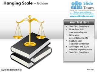 Hanging Scale – Golden



                             Your Text Here
                          • Your Text Goes here
                          • Download this
                            awesome diagram
                          • Bring your
                            presentation to life
                          • Capture your
                            audience’s attention
                          • All images are 100%
                            editable in powerpoint
                          • Your Text Goes here




www.slideteam.net                            Your Logo
 