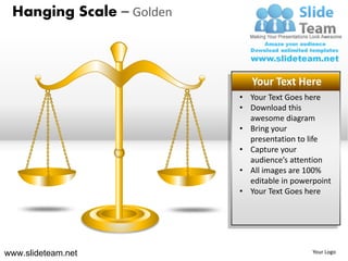 Hanging Scale – Golden



                             Your Text Here
                          • Your Text Goes here
                          • Download this
                            awesome diagram
                          • Bring your
                            presentation to life
                          • Capture your
                            audience’s attention
                          • All images are 100%
                            editable in powerpoint
                          • Your Text Goes here




www.slideteam.net                            Your Logo
 