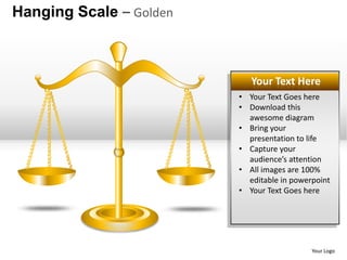 Hanging Scale – Golden



                            Your Text Here
                         • Your Text Goes here
                         • Download this
                           awesome diagram
                         • Bring your
                           presentation to life
                         • Capture your
                           audience’s attention
                         • All images are 100%
                           editable in powerpoint
                         • Your Text Goes here




                                            Your Logo
 