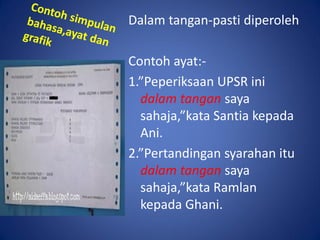 Dalam tangan-pasti diperoleh

Contoh ayat:-
1.”Peperiksaan UPSR ini
  dalam tangan saya
  sahaja,”kata Santia kepada
  Ani.
2.”Pertandingan syarahan itu
  dalam tangan saya
  sahaja,”kata Ramlan
  kepada Ghani.
 