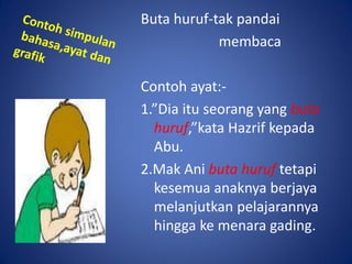 Buta huruf-tak pandai
            membaca

Contoh ayat:-
1.”Dia itu seorang yang buta
  huruf,”kata Hazrif kepada
  Abu.
2.Mak Ani buta huruf tetapi
  kesemua anaknya berjaya
  melanjutkan pelajarannya
  hingga ke menara gading.
 