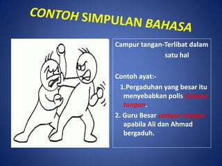 Campur tangan-Terlibat dalam
              satu hal

Contoh ayat:-
  1.Pergaduhan yang besar itu
   menyebabkan polis campur
   tangan.
2. Guru Besar campur tangan
   apabila Ali dan Ahmad
   bergaduh.
 