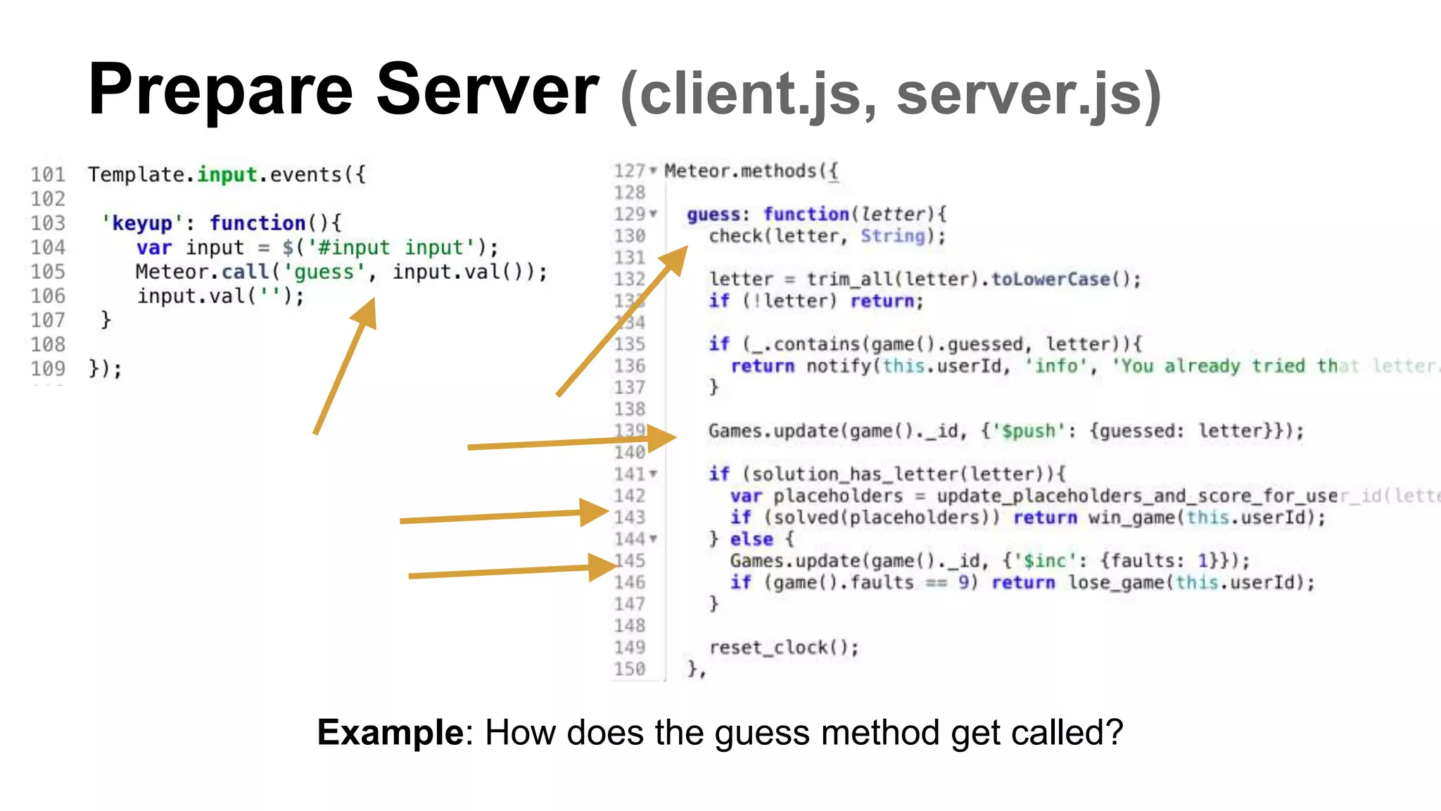 Prepare Server (client.js, server.js)
Example: How does the guess method get called?
 