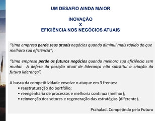 UM DESAFIO AINDA MAIOR
INOVAÇÃO
X
EFICIÊNCIA NOS NEGÓCIOS ATUAIS
“Uma empresa perde seus atuais negócios quando diminui mais rápido do que
melhora sua eficiência”;
“Uma empresa perde os futuros negócios quando melhora sua eficiência sem
mudar. A defesa da posição atual de liderança não substitui a criação da
futura liderança”.
A busca da competitividade envolve o ataque em 3 frentes:
• reestruturação do portfólio;
• reengenharia de processos e melhoria contínua (melhor);
• reinvenção dos setores e regeneração das estratégias (diferente).
Prahalad. Competindo pelo Futuro
 