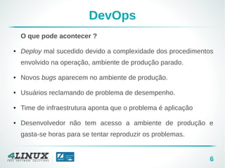 6
DevOps
O que pode acontecer ?
● Deploy mal sucedido devido a complexidade dos procedimentos
envolvido na operação, ambiente de produção parado.
● Novos bugs aparecem no ambiente de produção.
● Usuários reclamando de problema de desempenho.
● Time de infraestrutura aponta que o problema é aplicação
● Desenvolvedor não tem acesso a ambiente de produção e
gasta-se horas para se tentar reproduzir os problemas.
 