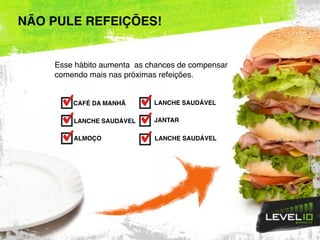 CAFÉ DA MANHÃ
LANCHE SAUDÁVEL
ALMOÇO
LANCHE SAUDÁVEL
JANTAR
LANCHE SAUDÁVEL
Esse hábito aumenta as chances de compensar
comendo mais nas próximas refeições.
NÃO PULE REFEIÇÕES!
 