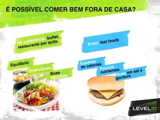 É POSSÍVEL COMER BEM FORA DE CASA?
Diversidade
Equilíbrio Excesso
de calorias
Poucos
nutrientes
Boas
escolhas
Dê preferência: buffet,
restaurante por quilo.
Evite: fast foods
Ricas em sal e
gordura
 