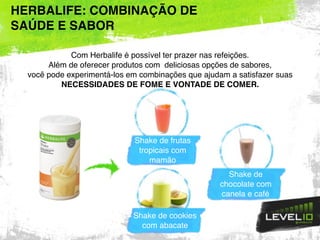 HERBALIFE: COMBINAÇÃO DE
SAÚDE E SABOR
Com Herbalife é possível ter prazer nas refeições.
Além de oferecer produtos com deliciosas opções de sabores,
você pode experimentá-los em combinações que ajudam a satisfazer suas
NECESSIDADES DE FOME E VONTADE DE COMER.
Shake de frutas
tropicais com
mamão
Shake de
chocolate com
canela e café
Shake de cookies
com abacate
 