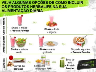 Shake + frutas
+ Protein Powder
Shake + fruta
+ iogurte
Cafédamanhã
Shake + salada
verde
Shake + carne
grelhada
Sopa de legumes
+ Protein Powder
Almoço/JantarLanches
Barras de
proteína
Suco de
fruta
+ Protein
Powder
VEJA ALGUMAS OPÇÕES DE COMO INCLUIR 
OS PRODUTOS HERBALIFE NA SUA
ALIMENTAÇÃO DIÁRIA
Salada de 
frutas com PPP
OU
OU
OU OU
OU
 