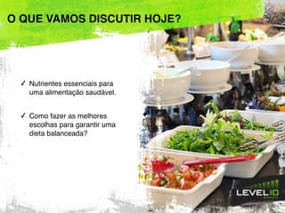 ✓ Nutrientes essenciais para 
uma alimentação saudável.
✓ Como fazer as melhores
escolhas para garantir uma
dieta balanceada?
O QUE VAMOS DISCUTIR HOJE?
 