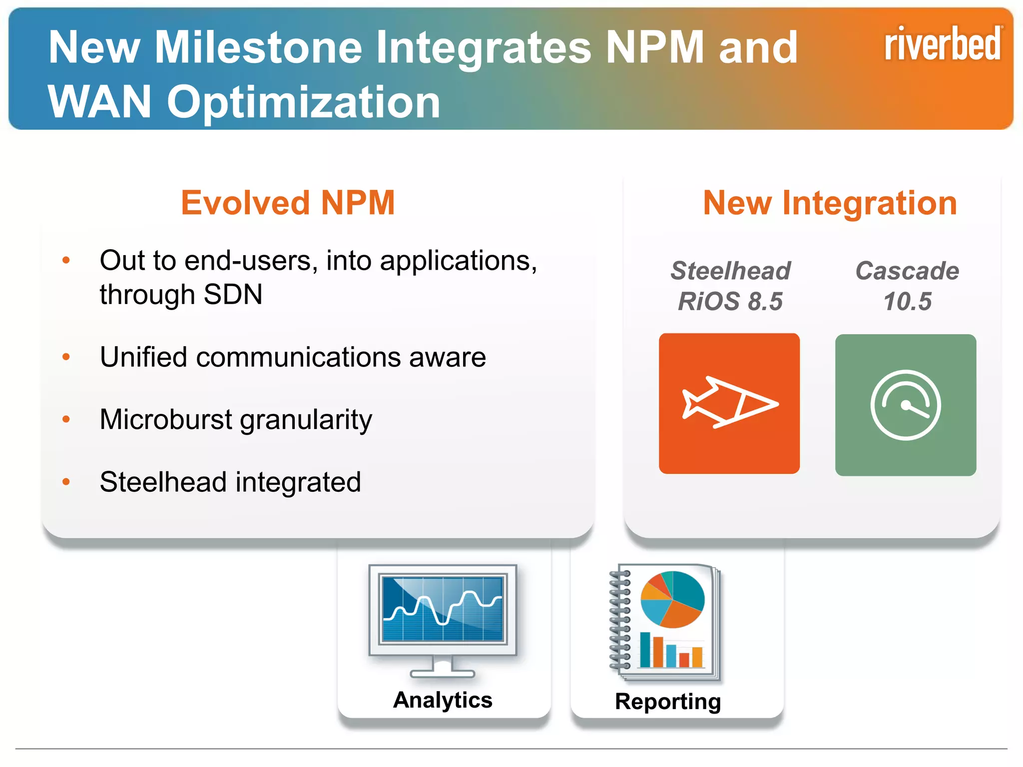 New Milestone Integrates NPM and
WAN Optimization
Evolved NPM
• Out to end-users, into applications,
through SDN

New Integration
Steelhead
RiOS 8.5

Cascade
10.5

• Unified communications aware
• Microburst granularity

• Steelhead integrated

Analytics

Reporting
Riverbed Confidential

 