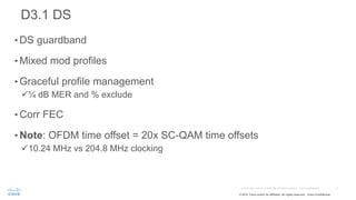© 2015 Cisco and/or its affiliates. All rights reserved. Cisco Confidential
D3.1 DS
• DS guardband
• Mixed mod profiles
• Graceful profile management
ü¼ dB MER and % exclude
• Corr FEC
• Note: OFDM time offset = 20x SC-QAM time offsets
ü10.24 MHz vs 204.8 MHz clocking
 