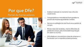  Análise é realizada no momento mais crítico do
recebimento.
 Transportadoras e mercadorias ficam paradas na
portaria da empresa aguardando a análise.
 Demora na validação da nota fiscal versus pedido de
compra.
 Muitas notas são recebidas, mesmo diferentes do
pedido de compra, pela necessidade da produção
em obter os insumos.
 Dificuldade em conscientizar a área de compras e o
fornecedor com a importância deste processo.
Por que Dfe?
Portal de Fornecedores
 