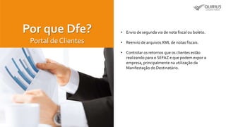 • Envio de segunda via de nota fiscal ou boleto.
• Reenvio de arquivos XML de notas fiscais.
• Controlar os retornos que os clientes estão
realizando para o SEFAZ e que podem expor a
empresa, principalmente na utilização da
Manifestação do Destinatário.
Por que Dfe?
Portal de Clientes
 