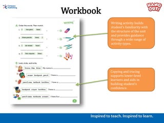 Workbook
Key dialog pairs of the unit
are reviewed and
consolidated through
listening and writing
activities.
Listen and r...